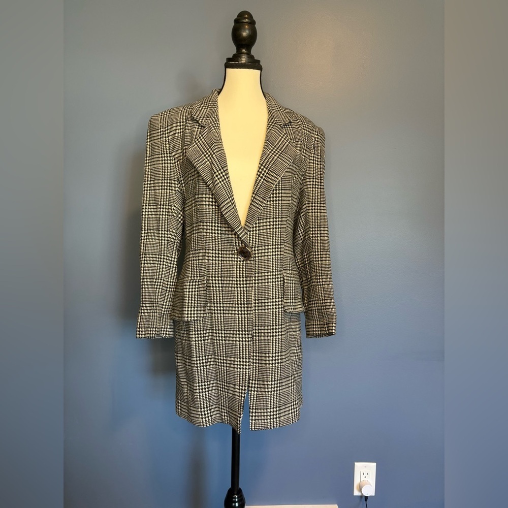 Vintage Women's Black, Grey and White Plaid Blazer Coat size 10